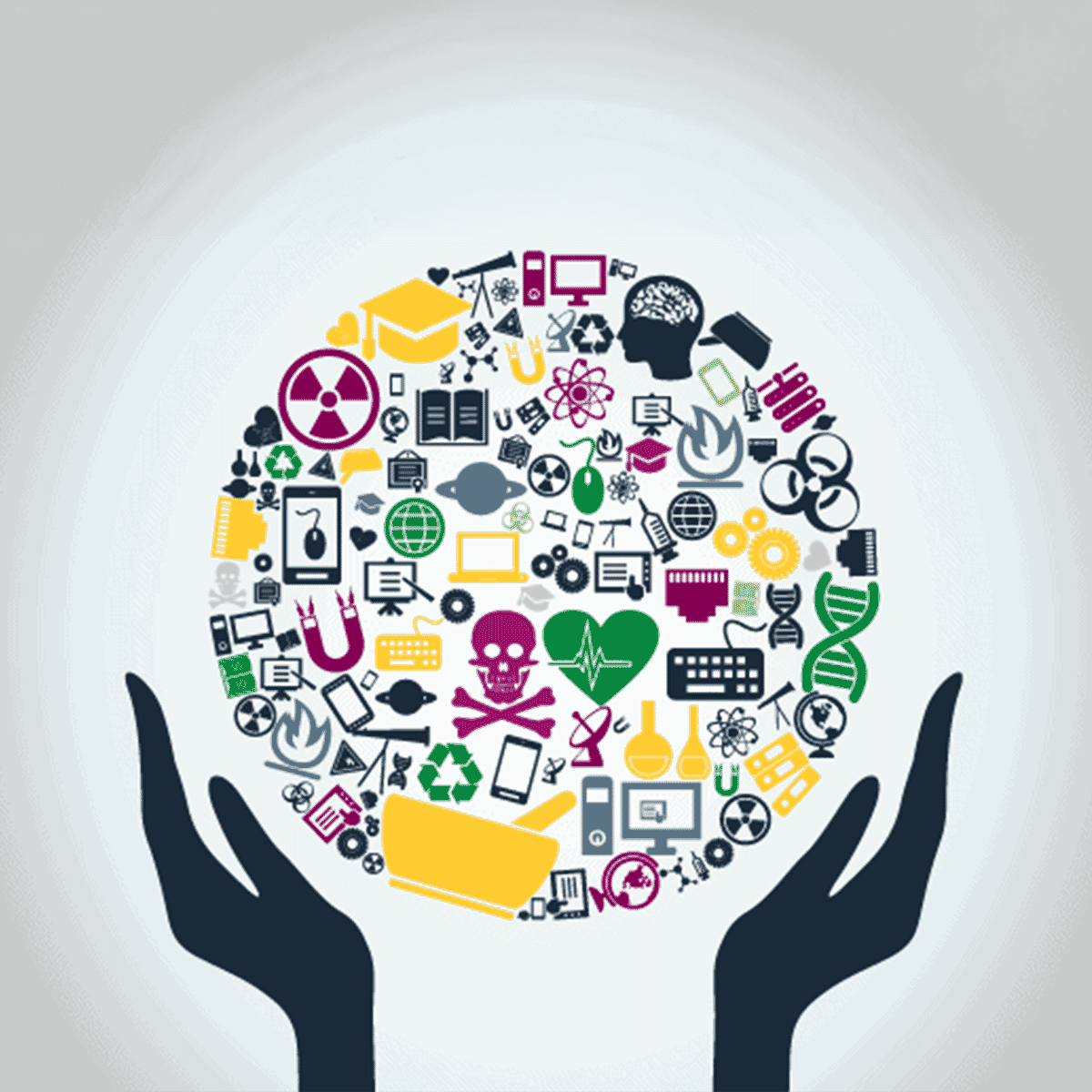 icons arranged inside circle with hands beneath