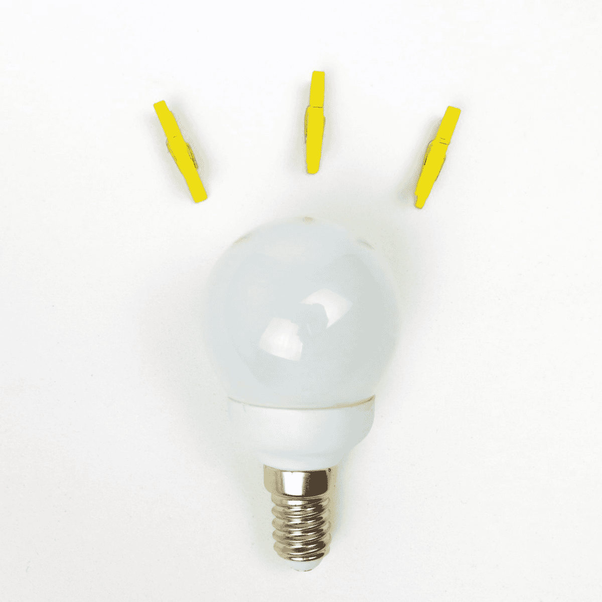 light bulb with yellow clothes pins above it
