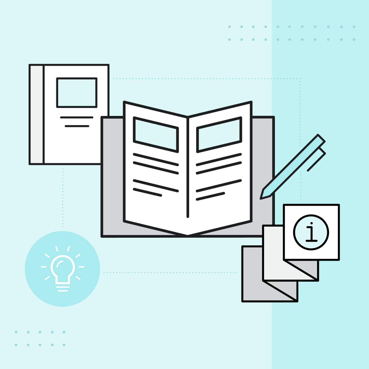 Graphic with icons of information brochures and books