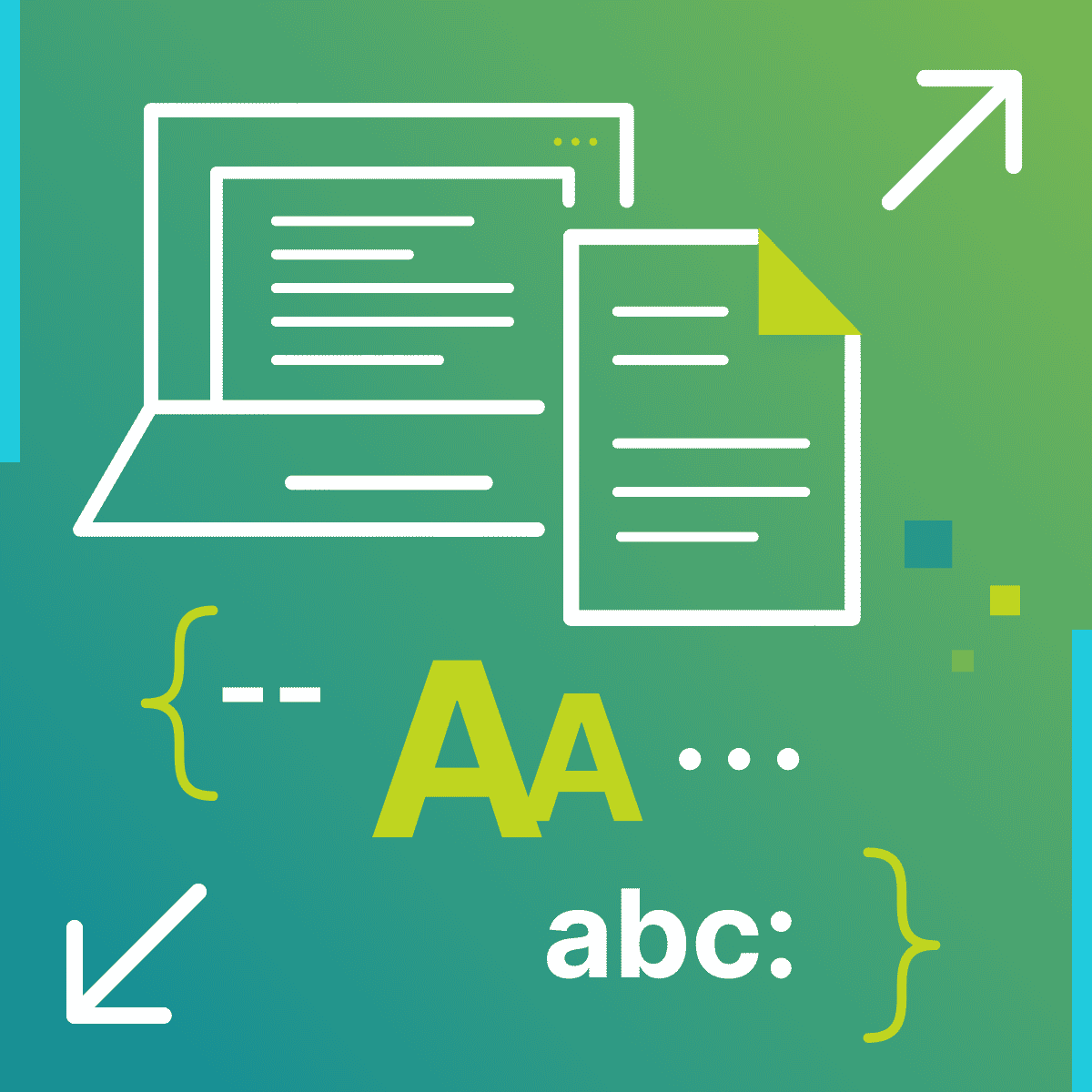 Graphic with computer and paper icons with varying font sizes next to it on green background