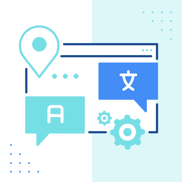 Graphic with computer screen window with icons representing various languages, gear icon, and location icon