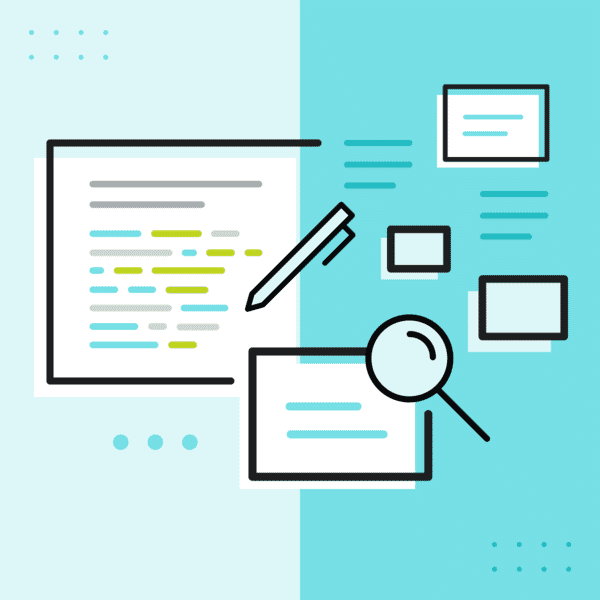 Graphic with paper icon, pen icon, and magnifying glass icon