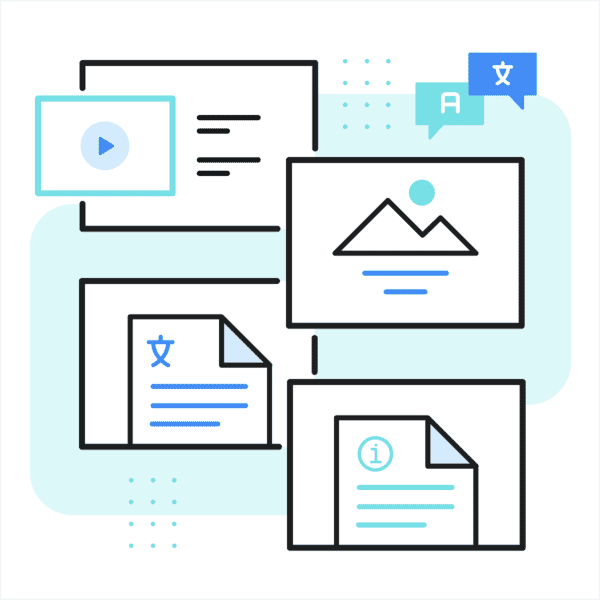 Graphic featuring multiple computer windows to look like different document types including video, photos, translations, and information docs