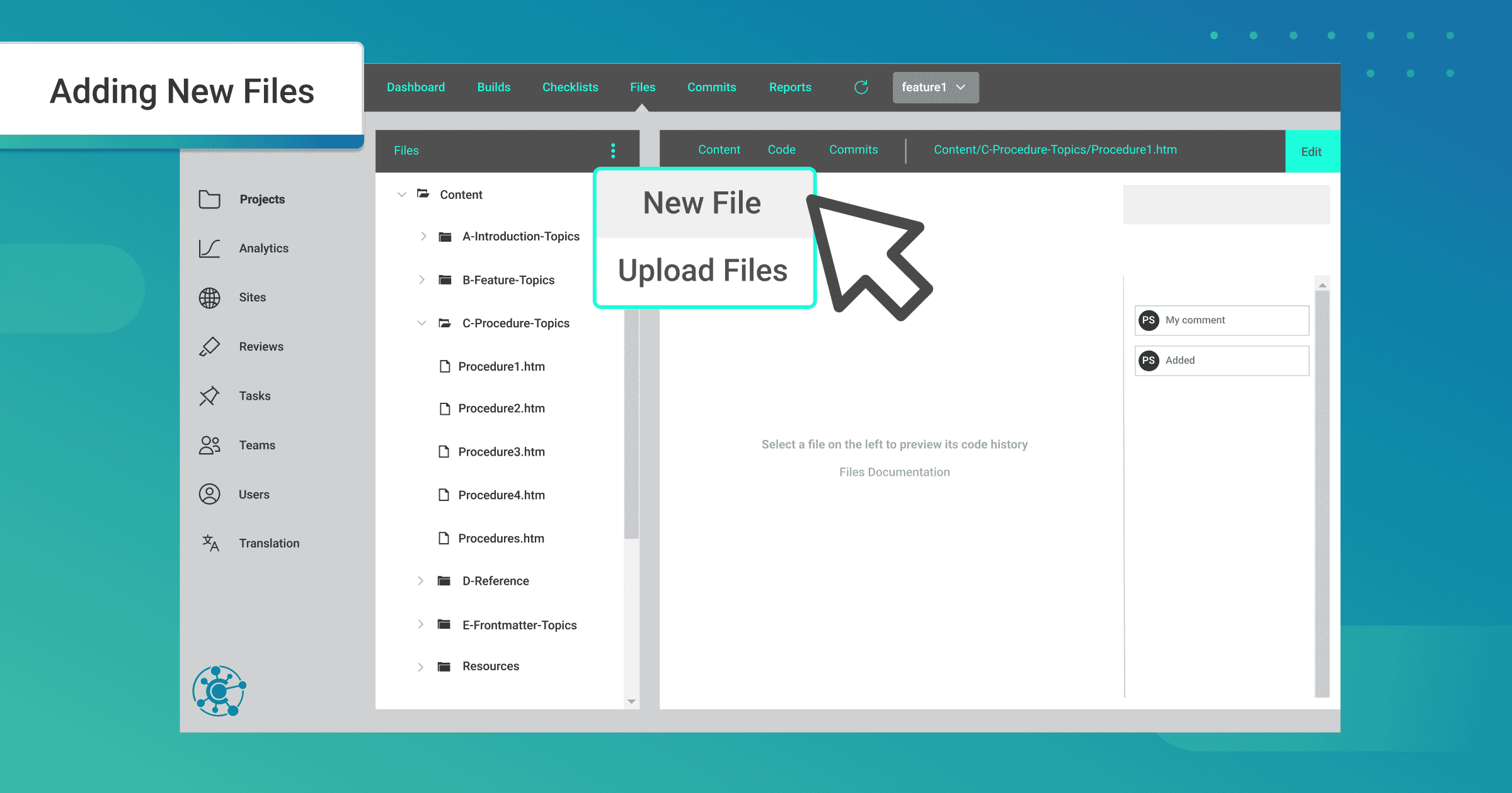 Screenshot of adding files to MadCap Central