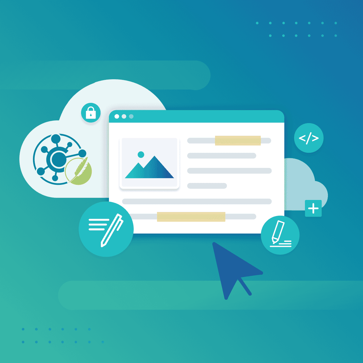 graphic with website page, cloud, and writing utensil icons