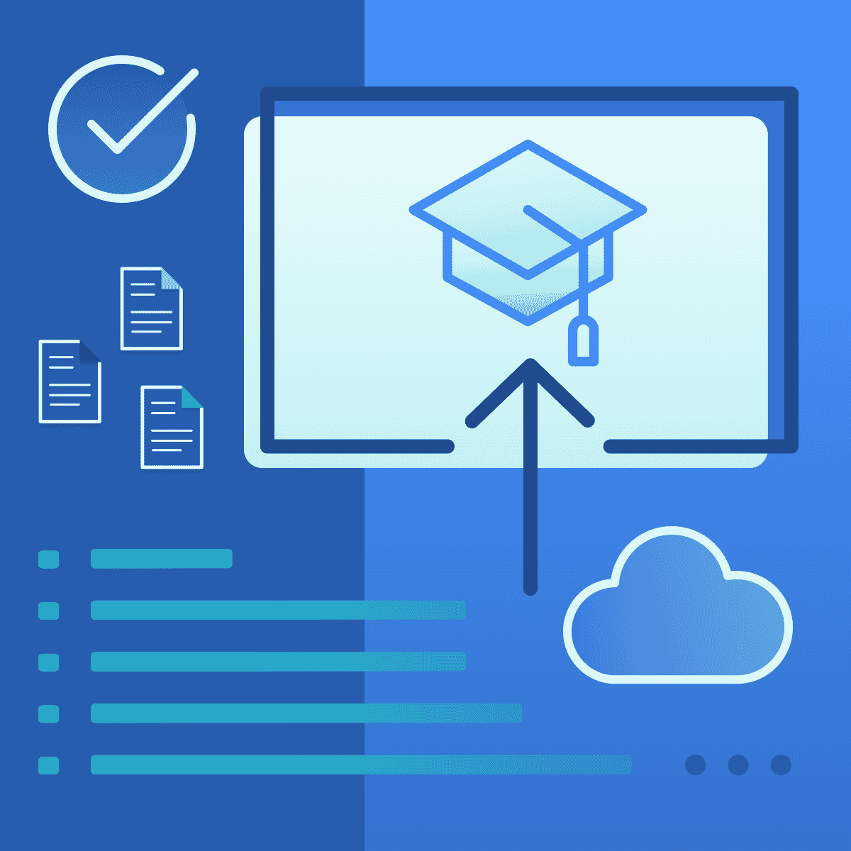 Graphic with icons including graduation cap check mark and cloud