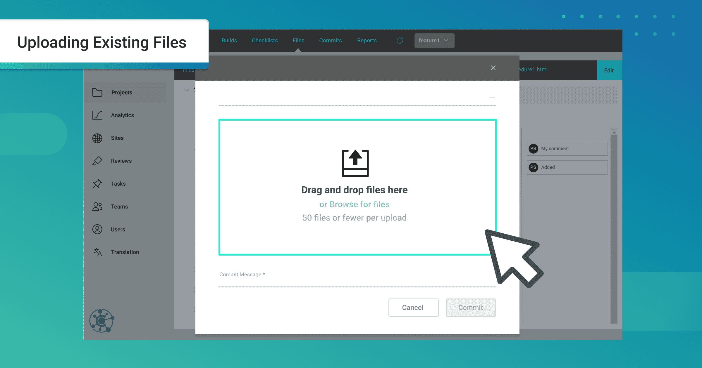 Screenshot of uploading existing files in MadCap Central