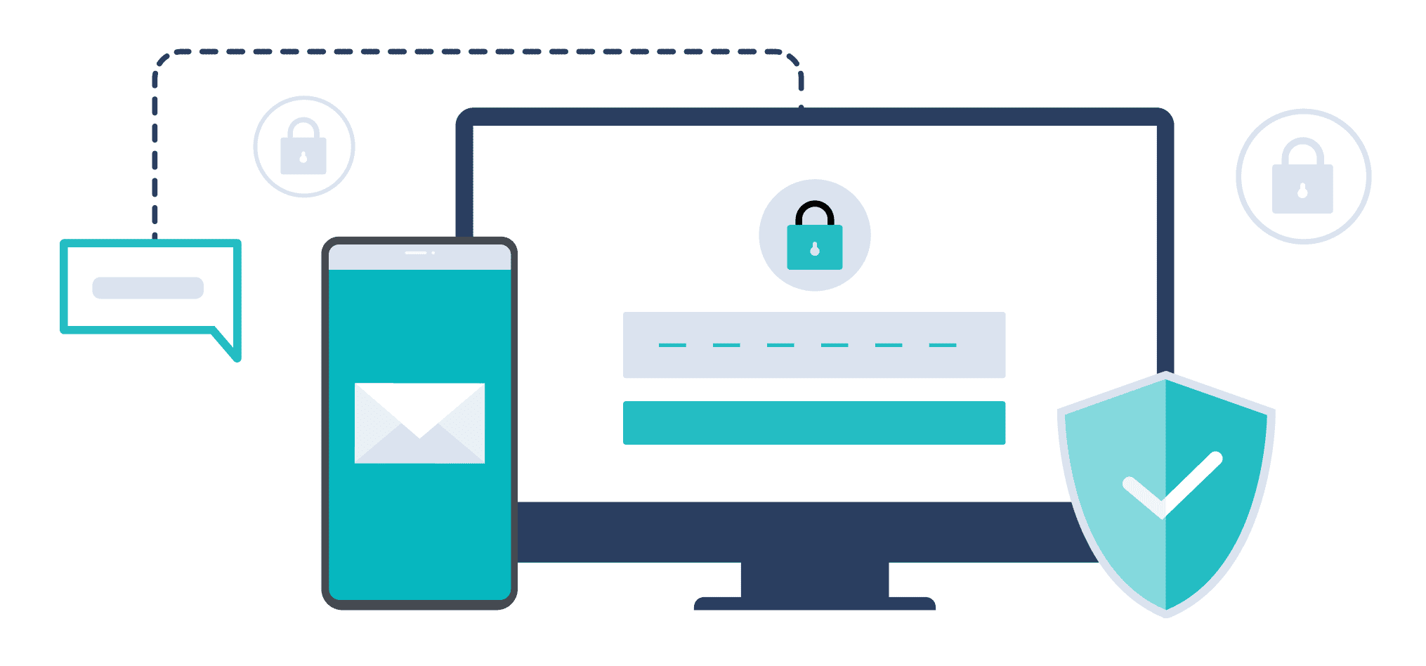 illustration of computer monitor and phone screen with security check icons