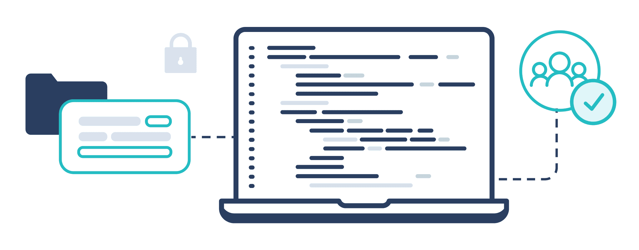 illustration of laptop monitor next to data file icon and group icon