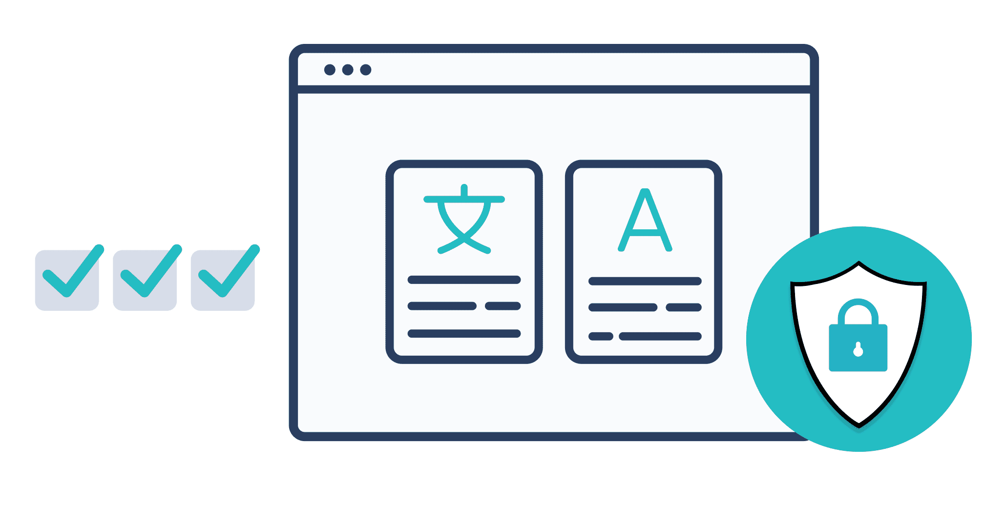 illustration of browser window with translation icons and security icon