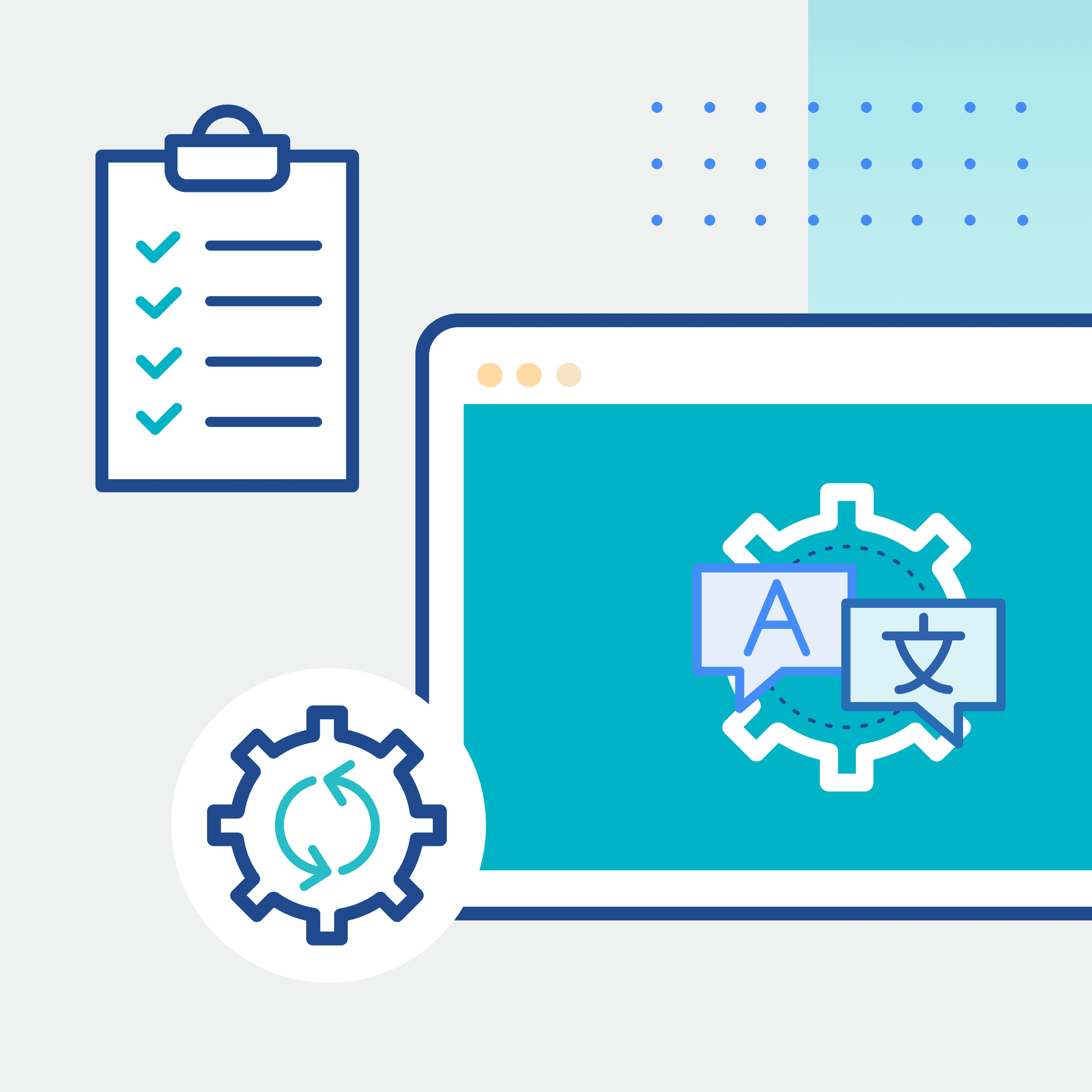 image with icon of clipboard and gear next to a computer screen
