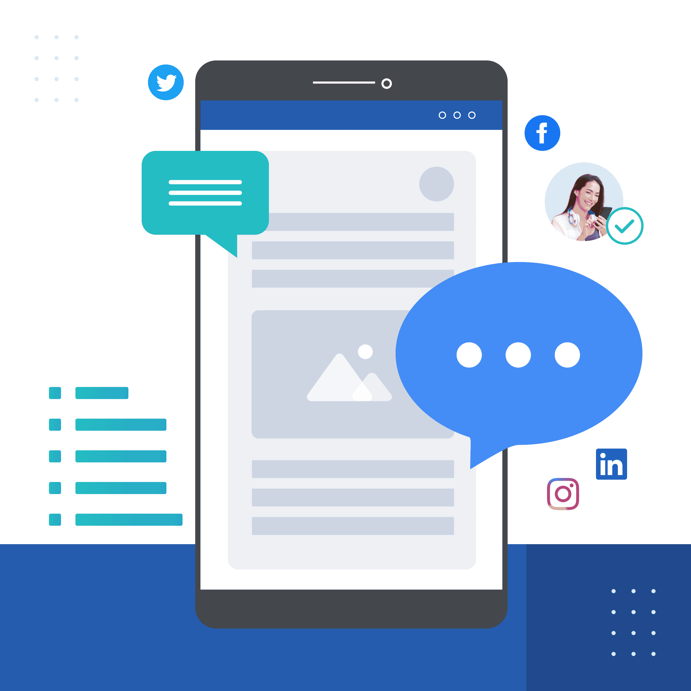 illustration of mobile phone screen with chat bubbles and social icons