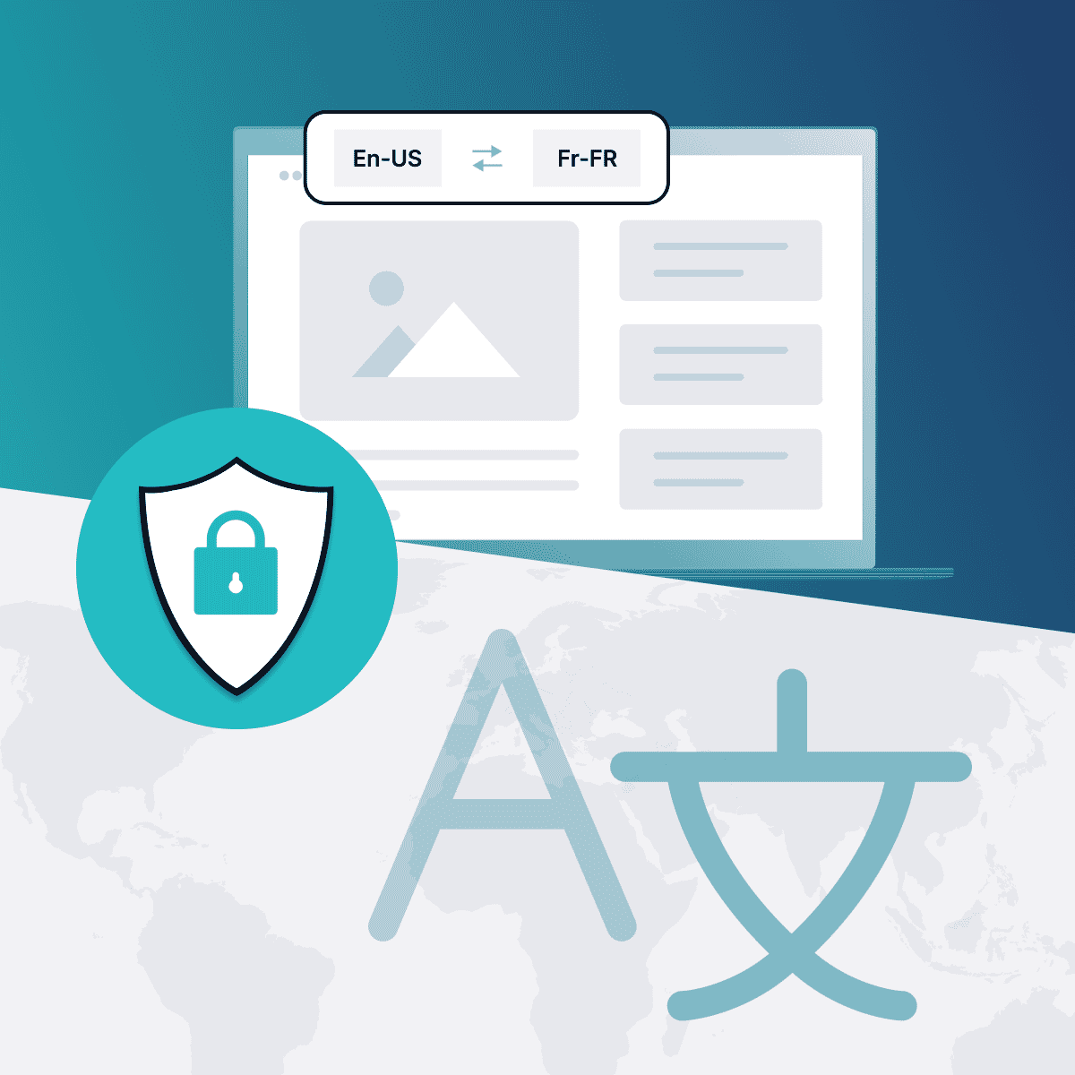 illustration of web page with translation and security lock icons