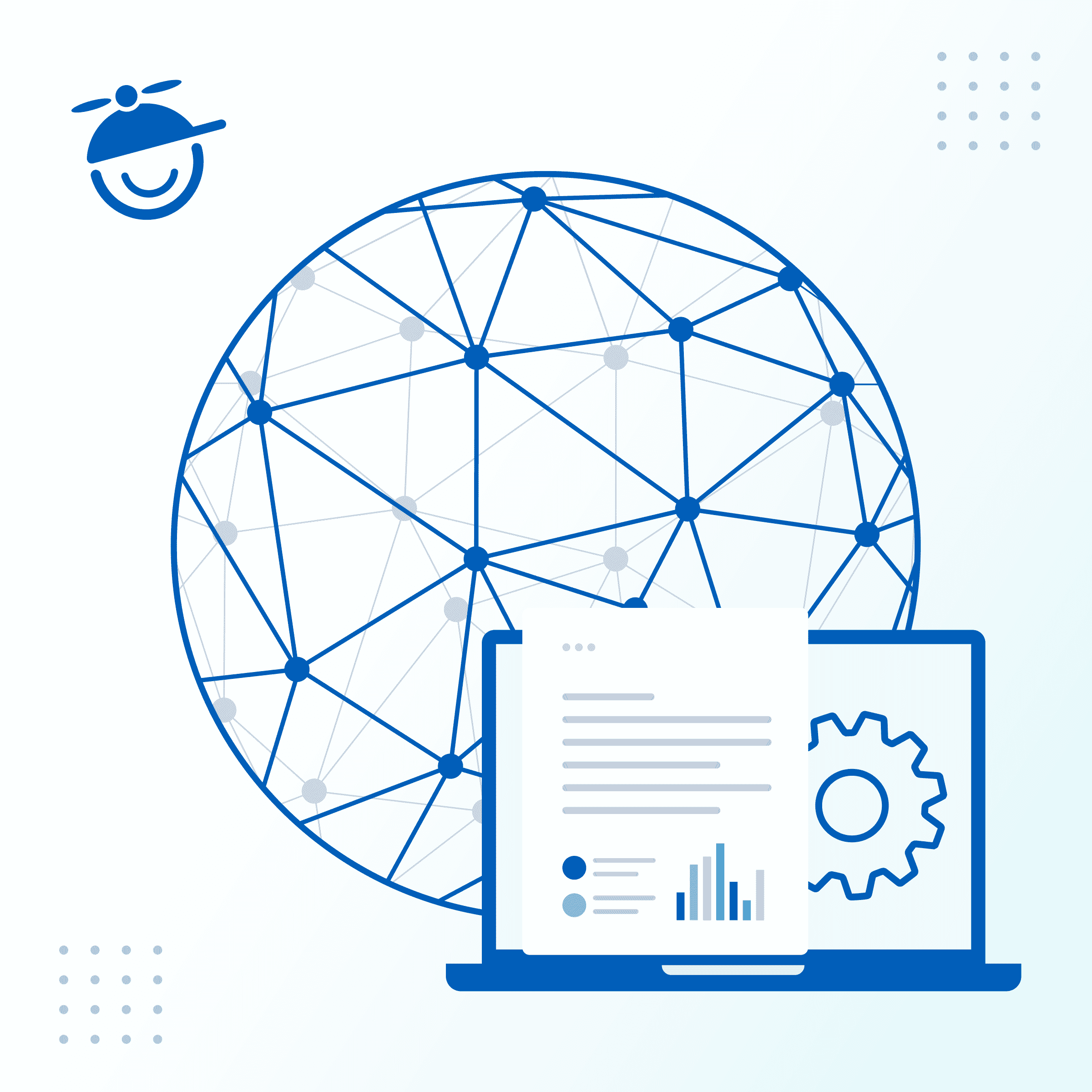 illustration of a globe shape connected by lines next to a graphic of a computer and PDF
