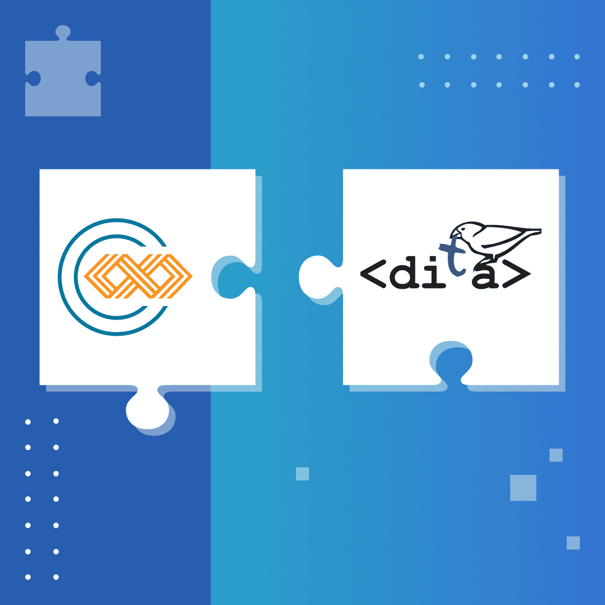 Two puzzle pieces coming together with IXIA CCMS on one and DITA on the other