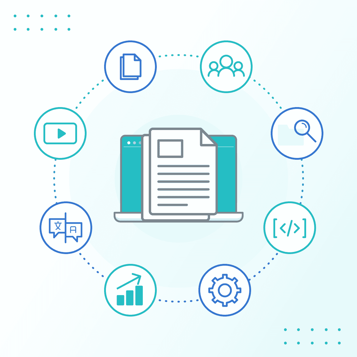 graphic image of computer with documents and icons surrounding in a sircle