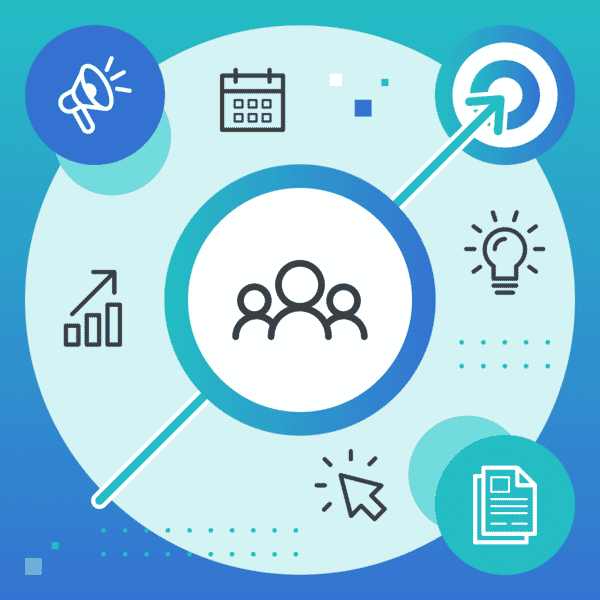 Circle with graphic of people in the middle surrounded by different content icons