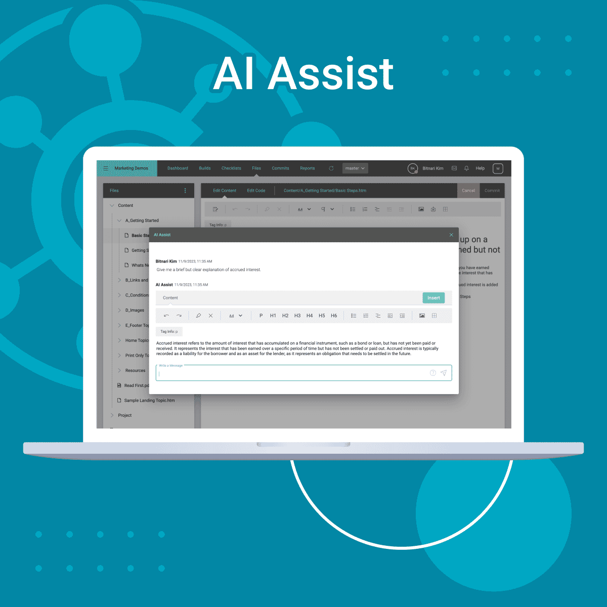 laptop with screenshot showing the new AI feature in MadCap Central