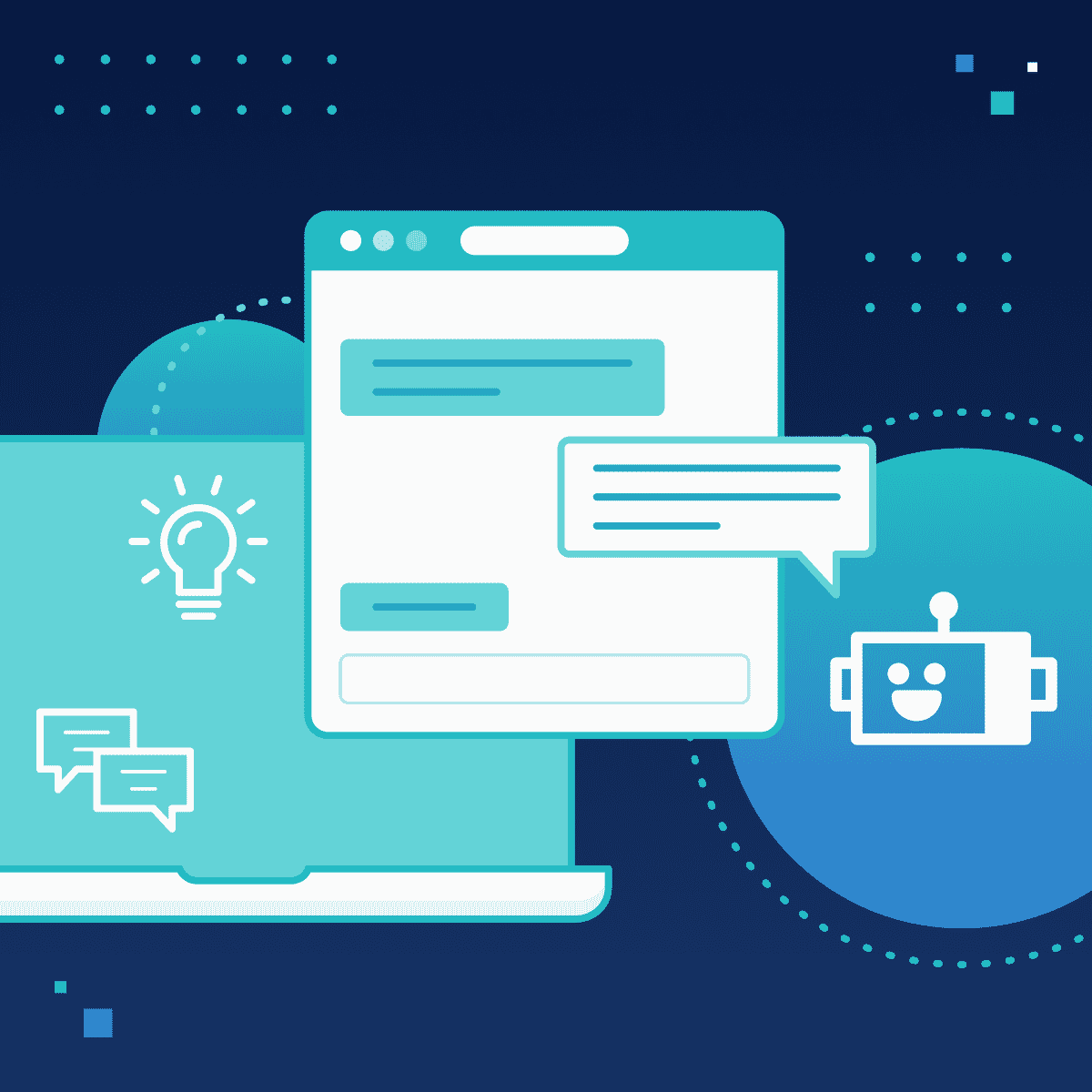 graphic of chatbot robot, computer, and screen