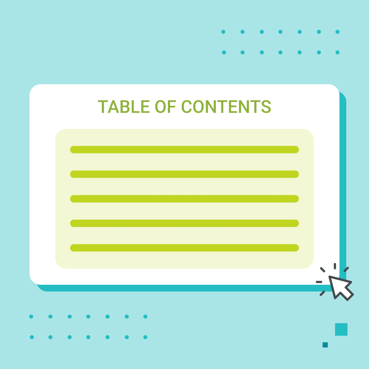 Blue background with green graphic of a Table of Contents
