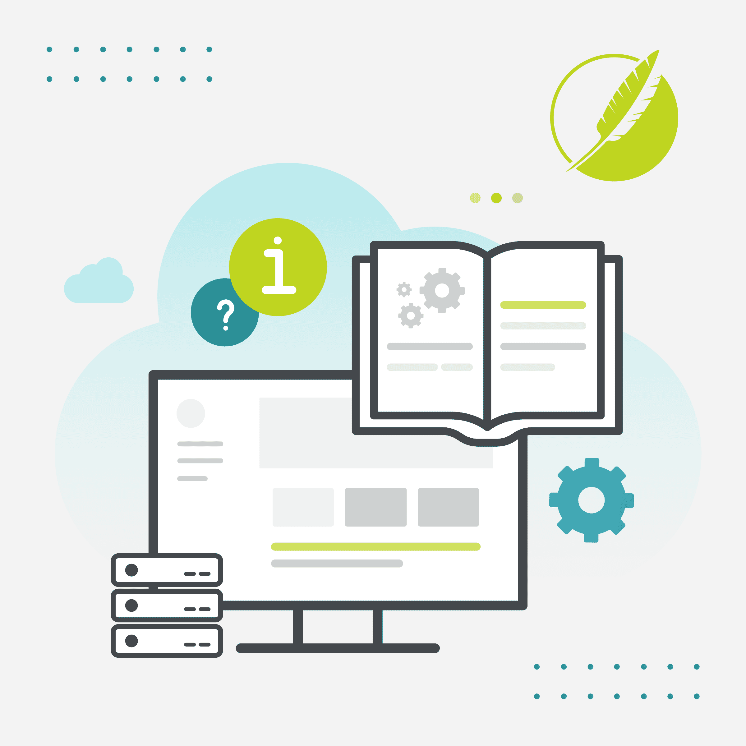 illustration of information symbol next to an open book and computer screen