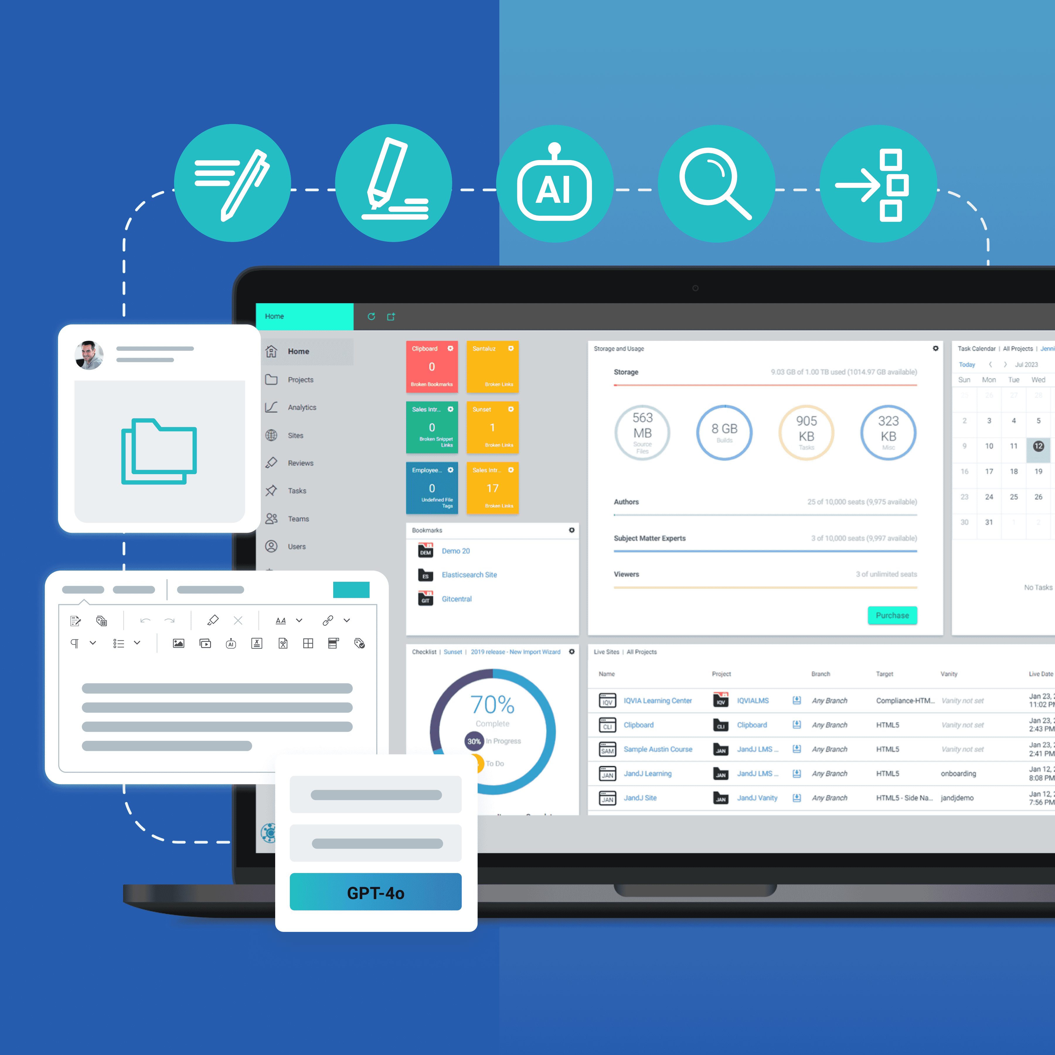 illustration featuring a laptop screen with MadCap Central UI and window pop ups and icons
