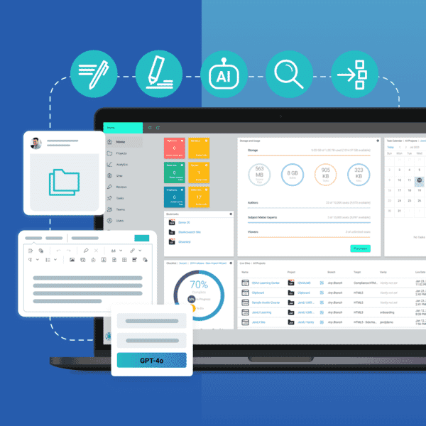 illustration featuring a laptop screen with MadCap Central UI and window pop ups and icons