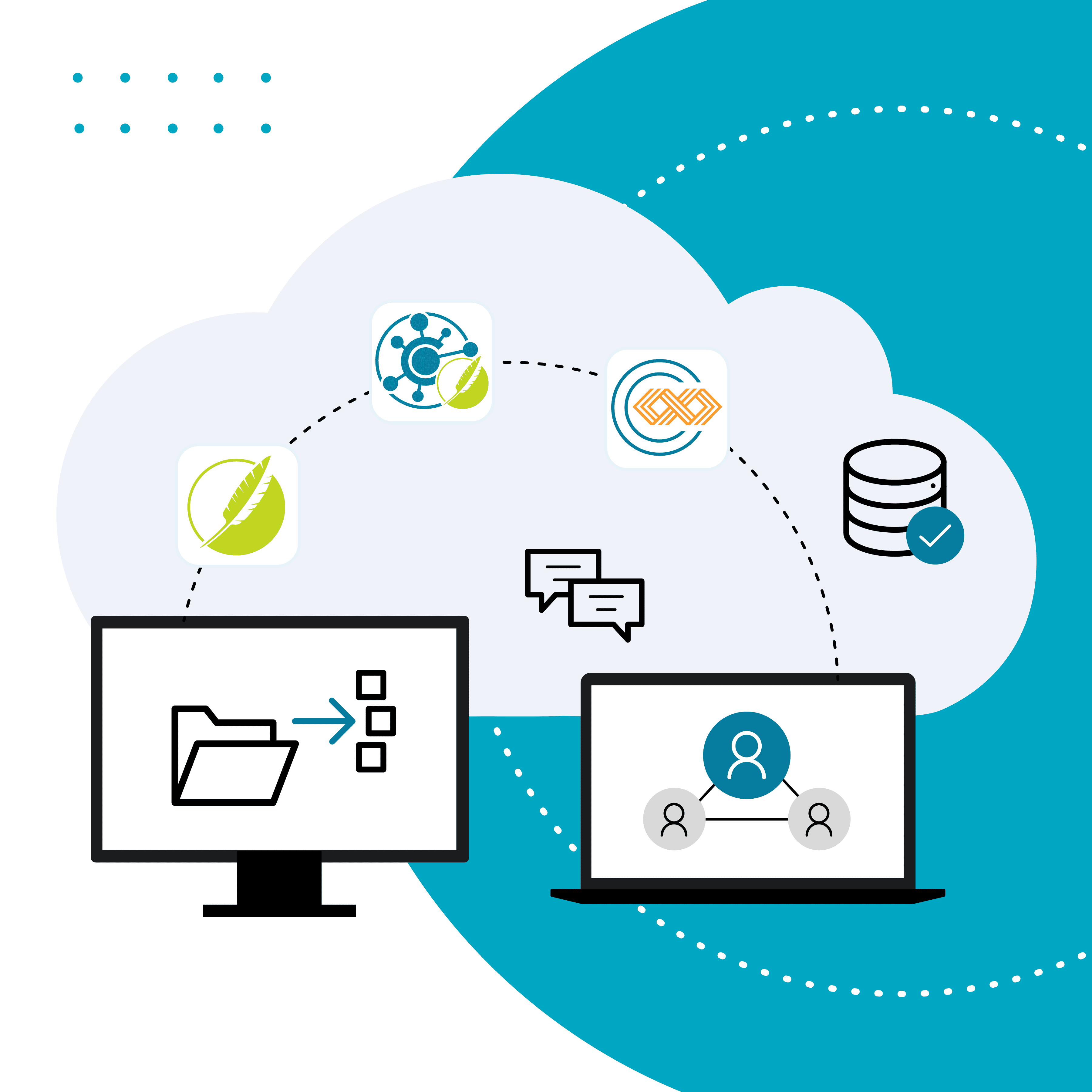 illustration with a cloud, computer screen, and server icon