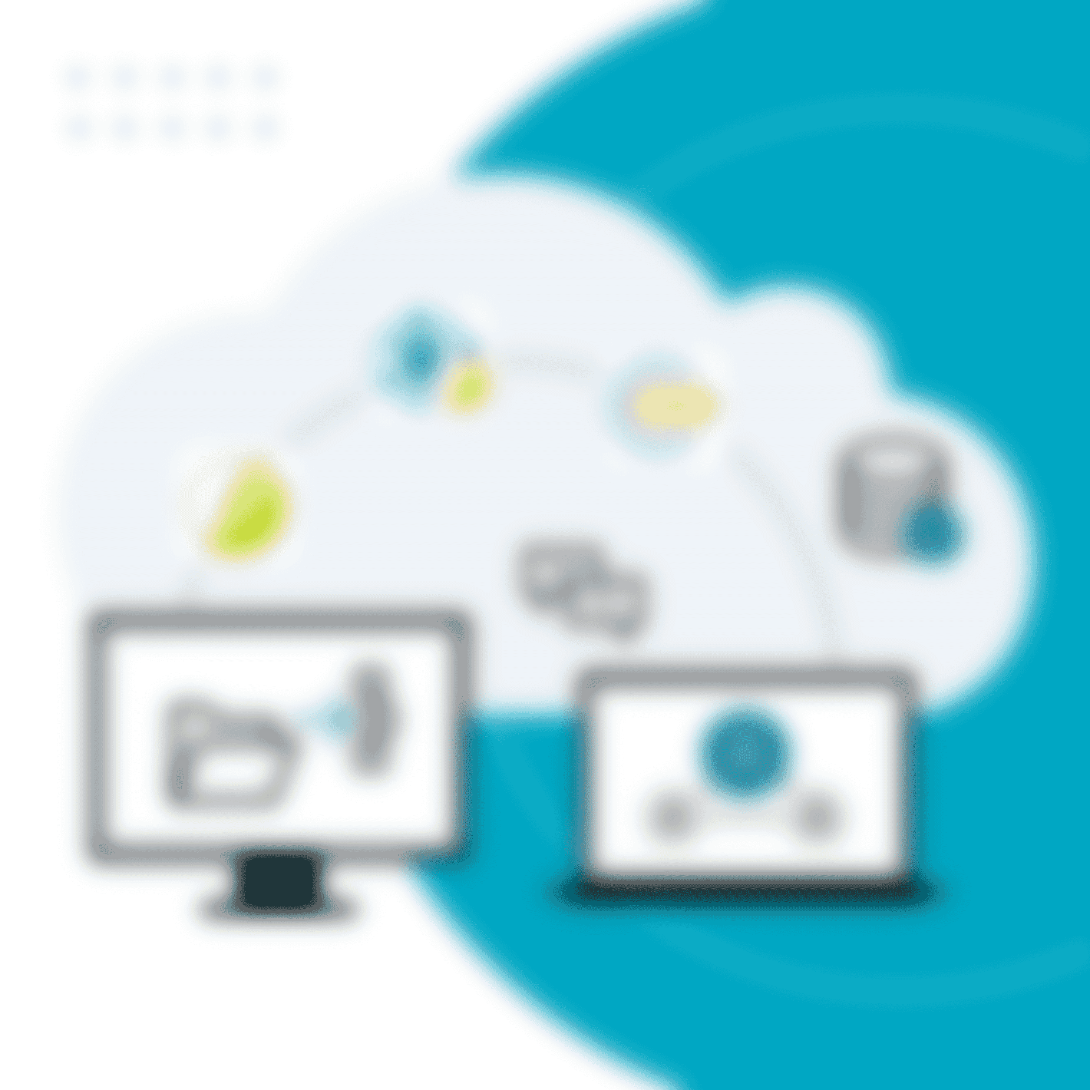 illustration with a cloud, computer screen, and server icon