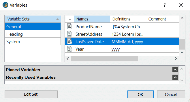 Variables dialog box screenshot