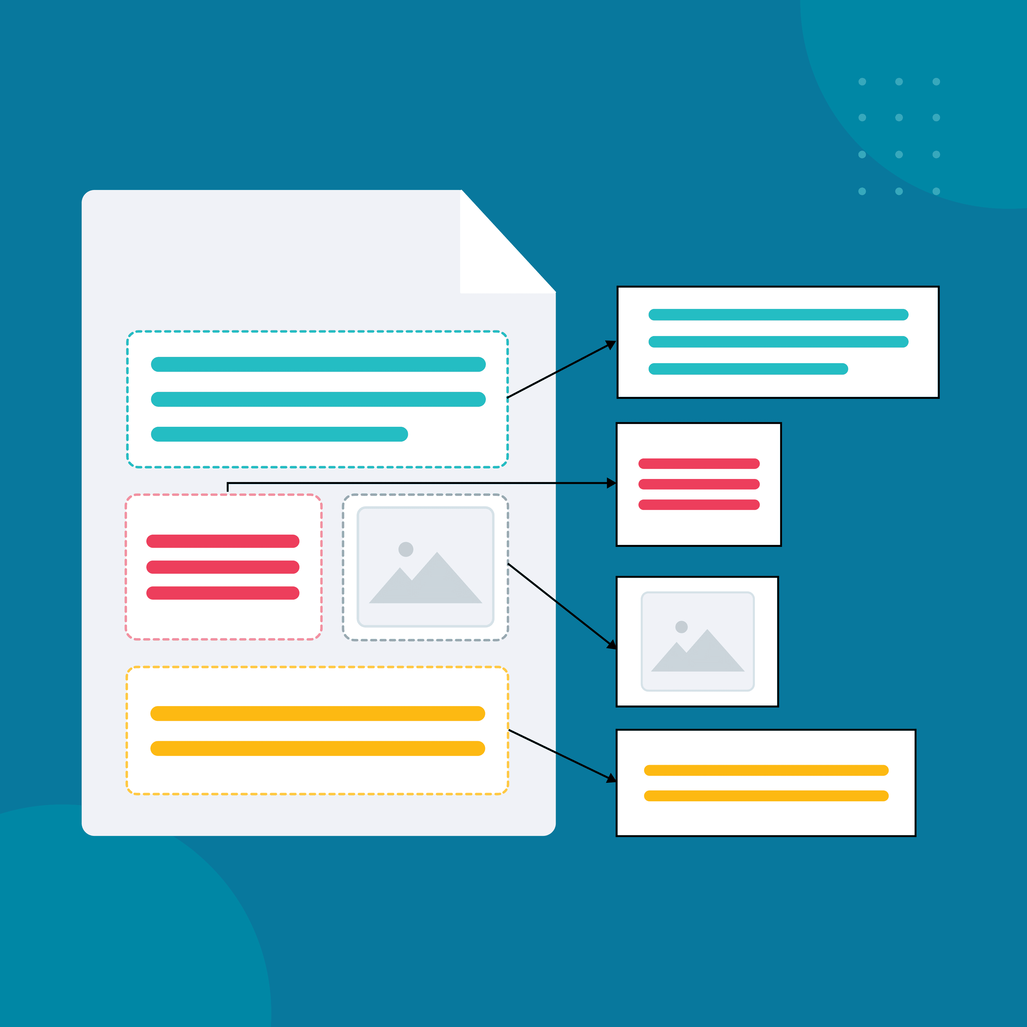 illustration of web page with different content sections highlighted