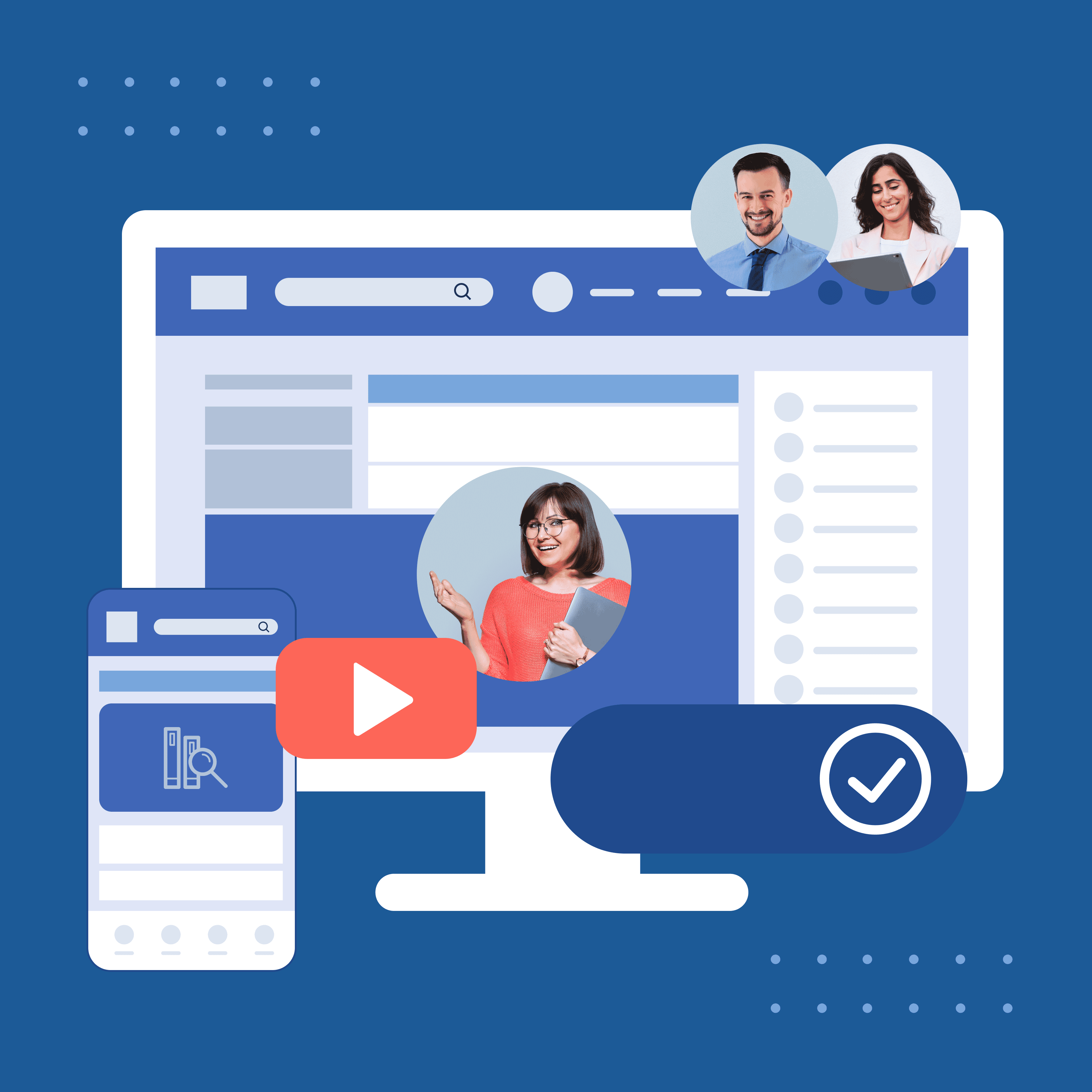 illustration of computer screen and mobile screen with video playing on both