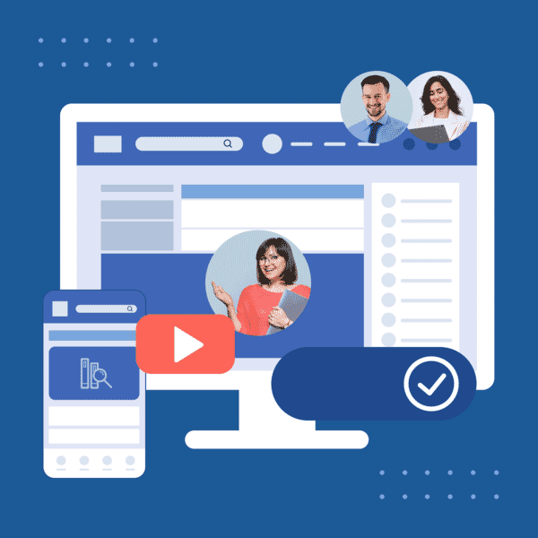 illustration of computer screen and mobile screen with video playing on both