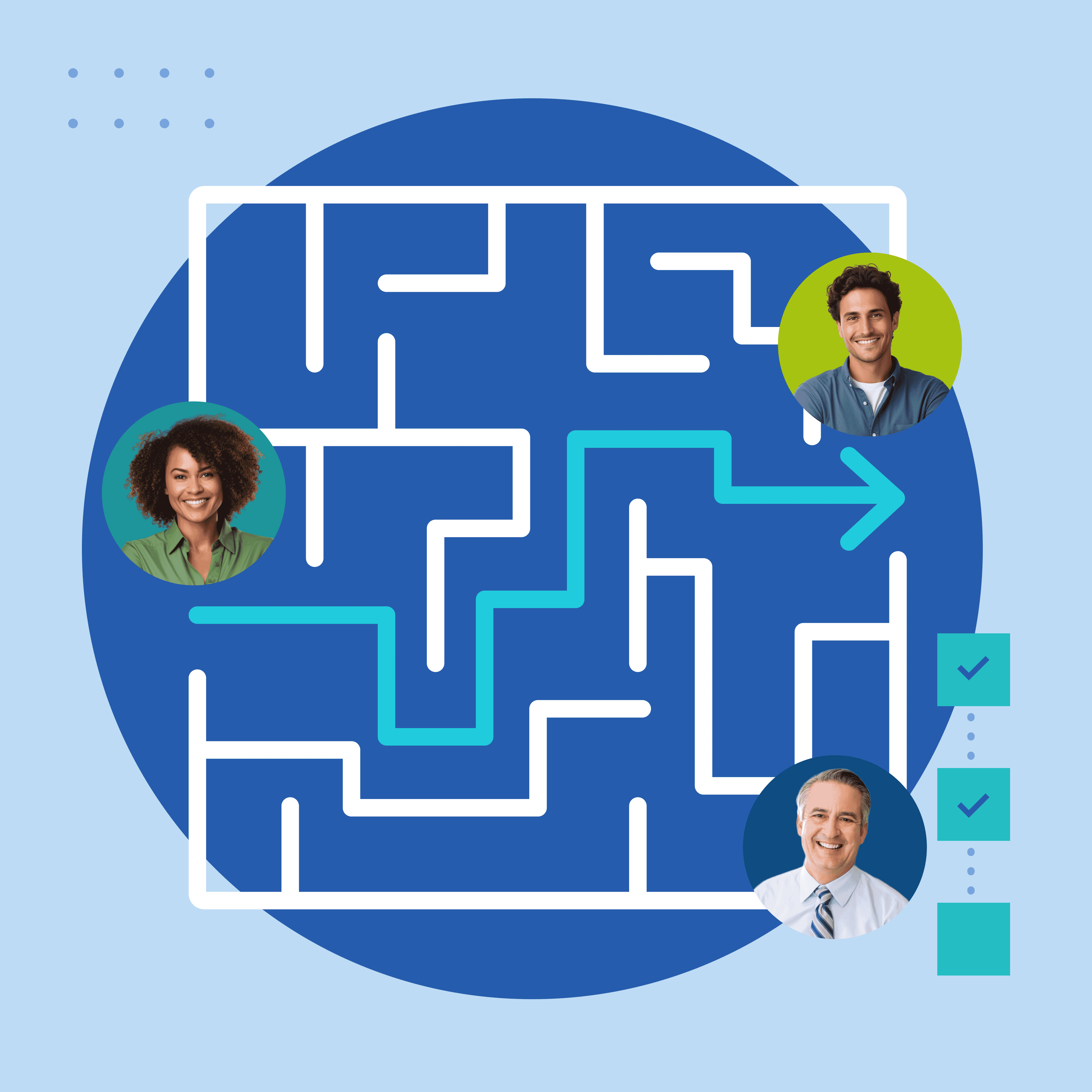 illustration of maze with individual people at each entrance and exit