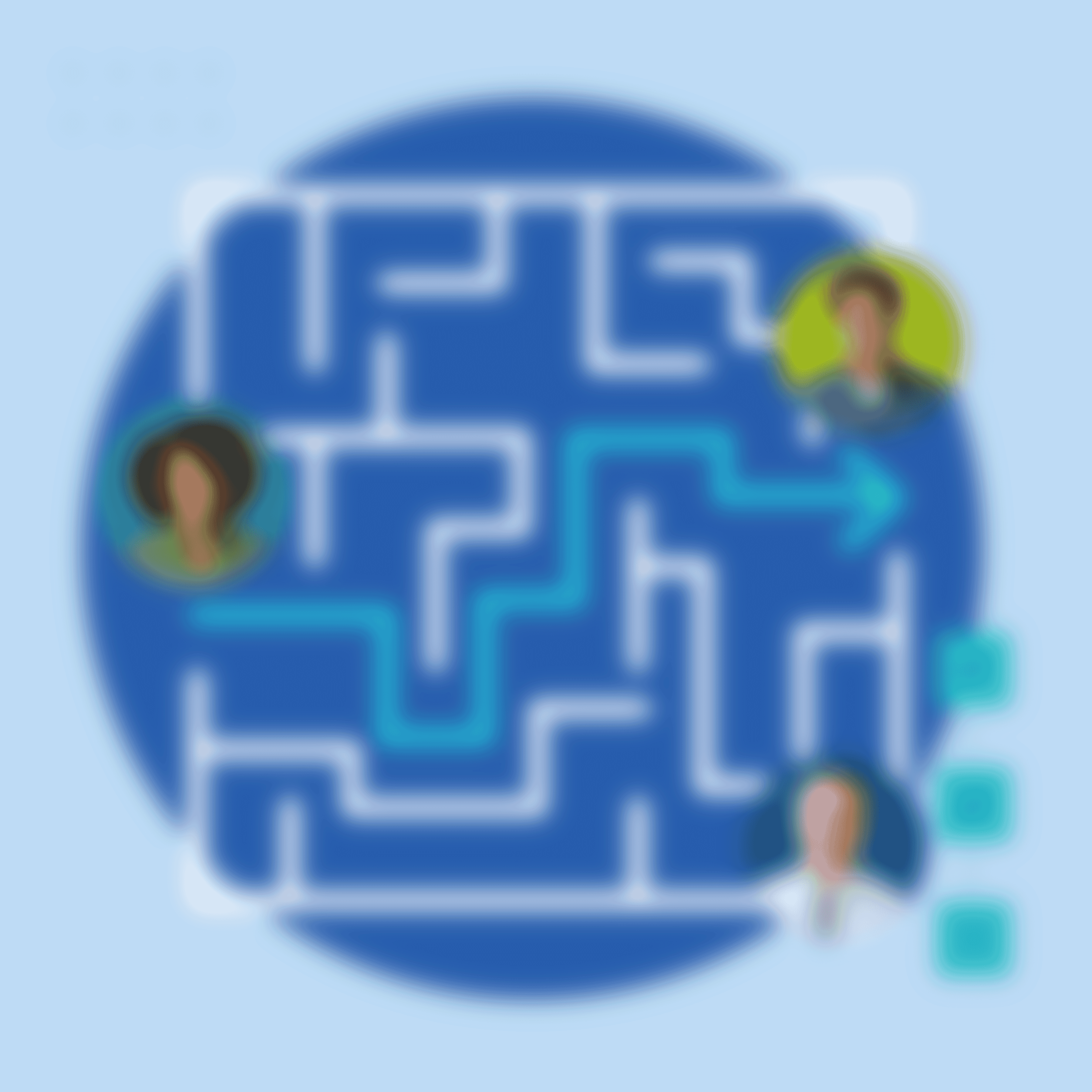 illustration of maze with individual people at each entrance and exit