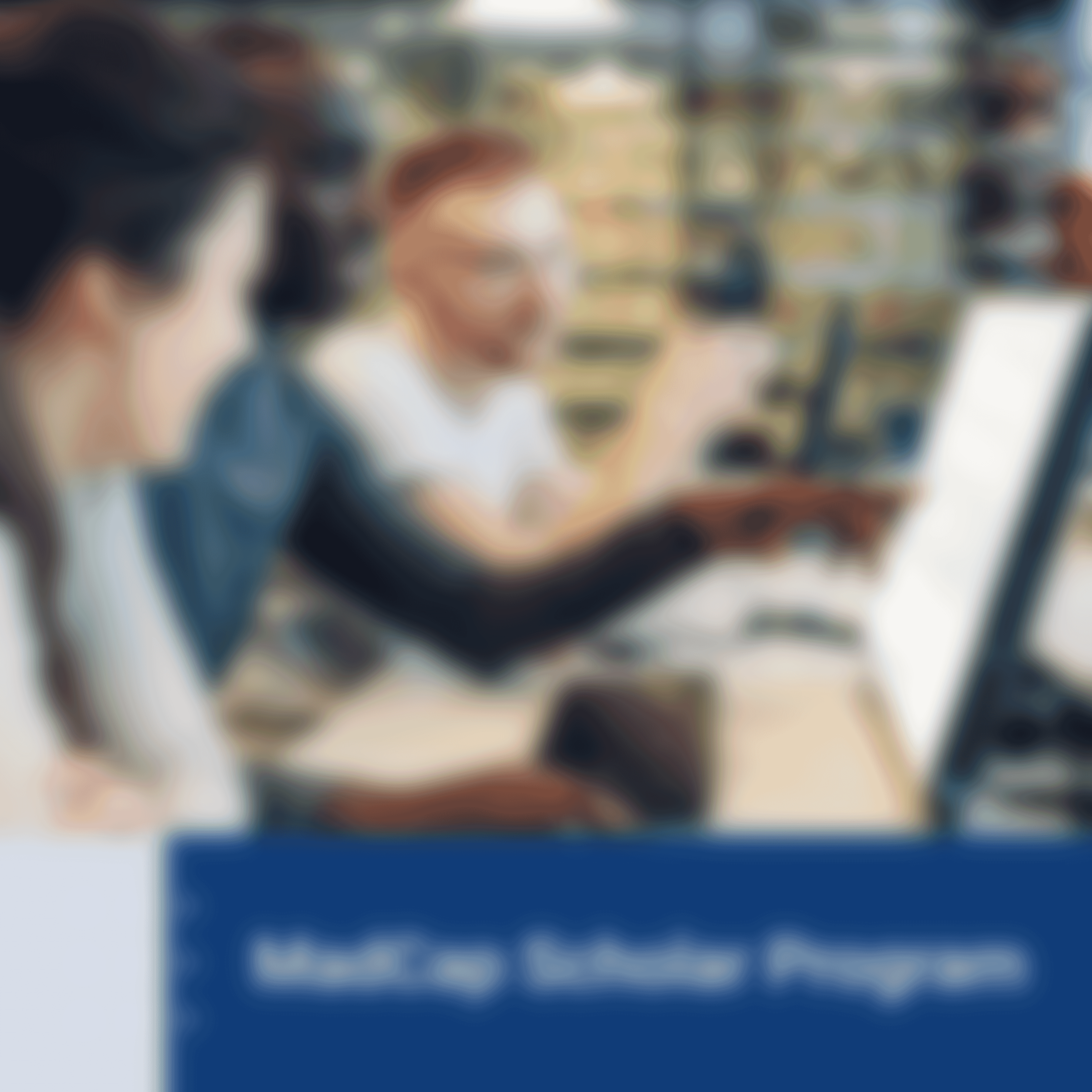 3 students looking at a computer screen with words MadCap Scholar Program at bottom