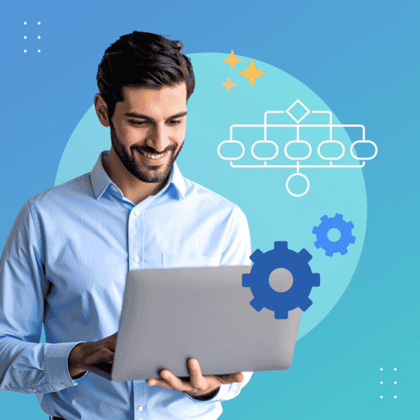 Illustration of tech director holding a computer with a look of success on his face.