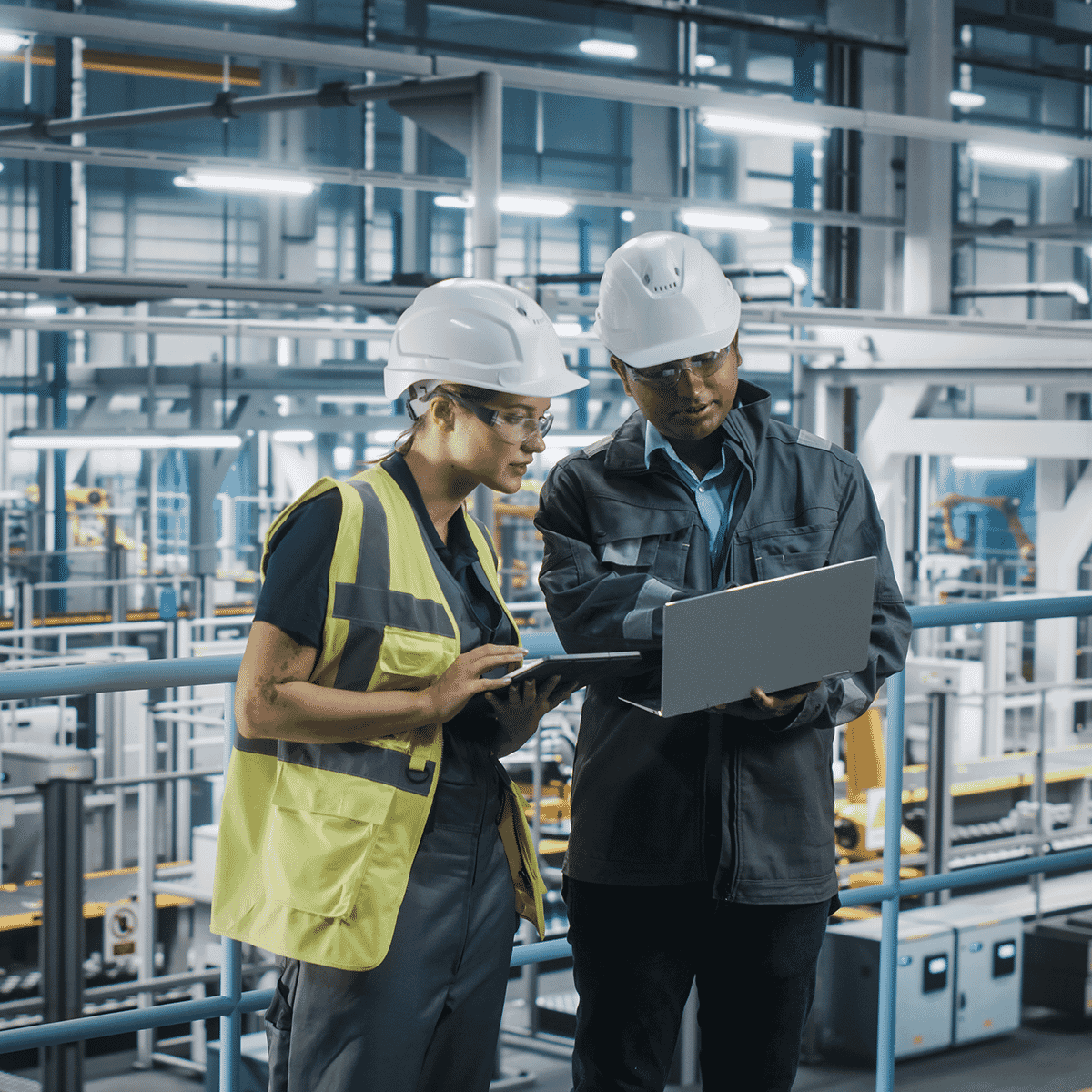 workers in facility with laptop and tablet