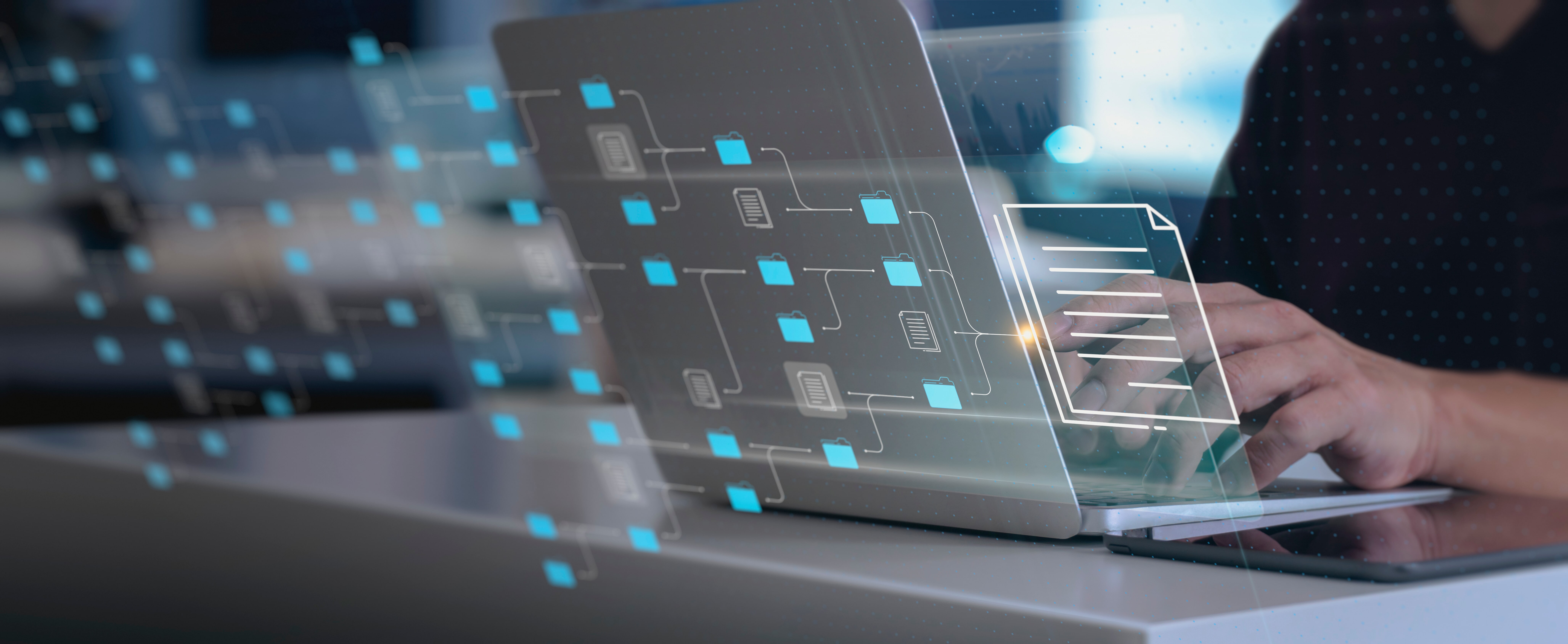 Stylized photo depicting a complex documentation network and a laptop connecting to the system.