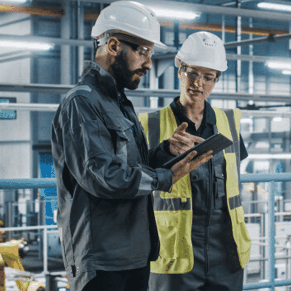 workers in facility looking at tablet