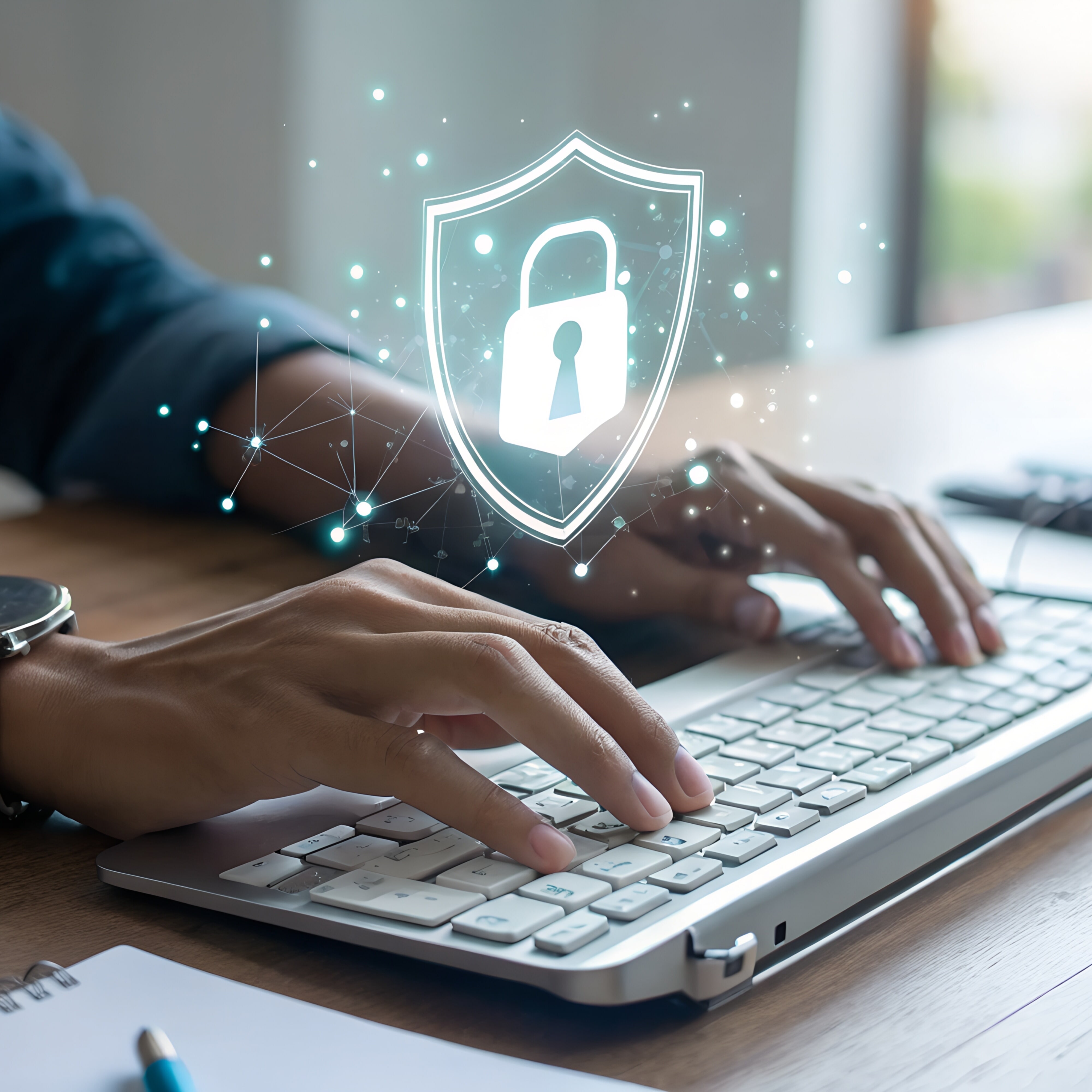Photo illustration of hands working on laptop with graphic overlay representing data security.
