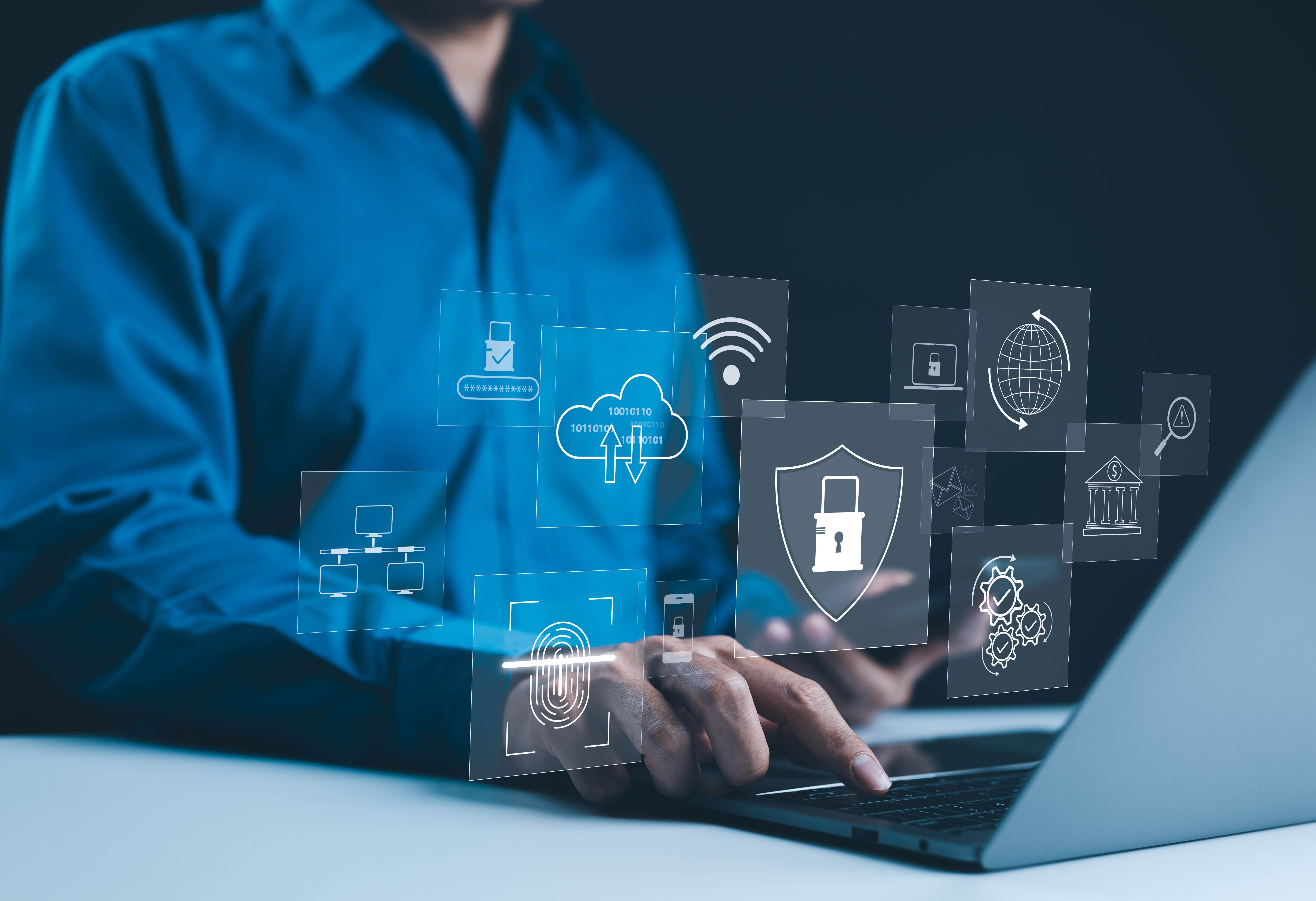 Photo close-up of professionally dressed man working with data security.