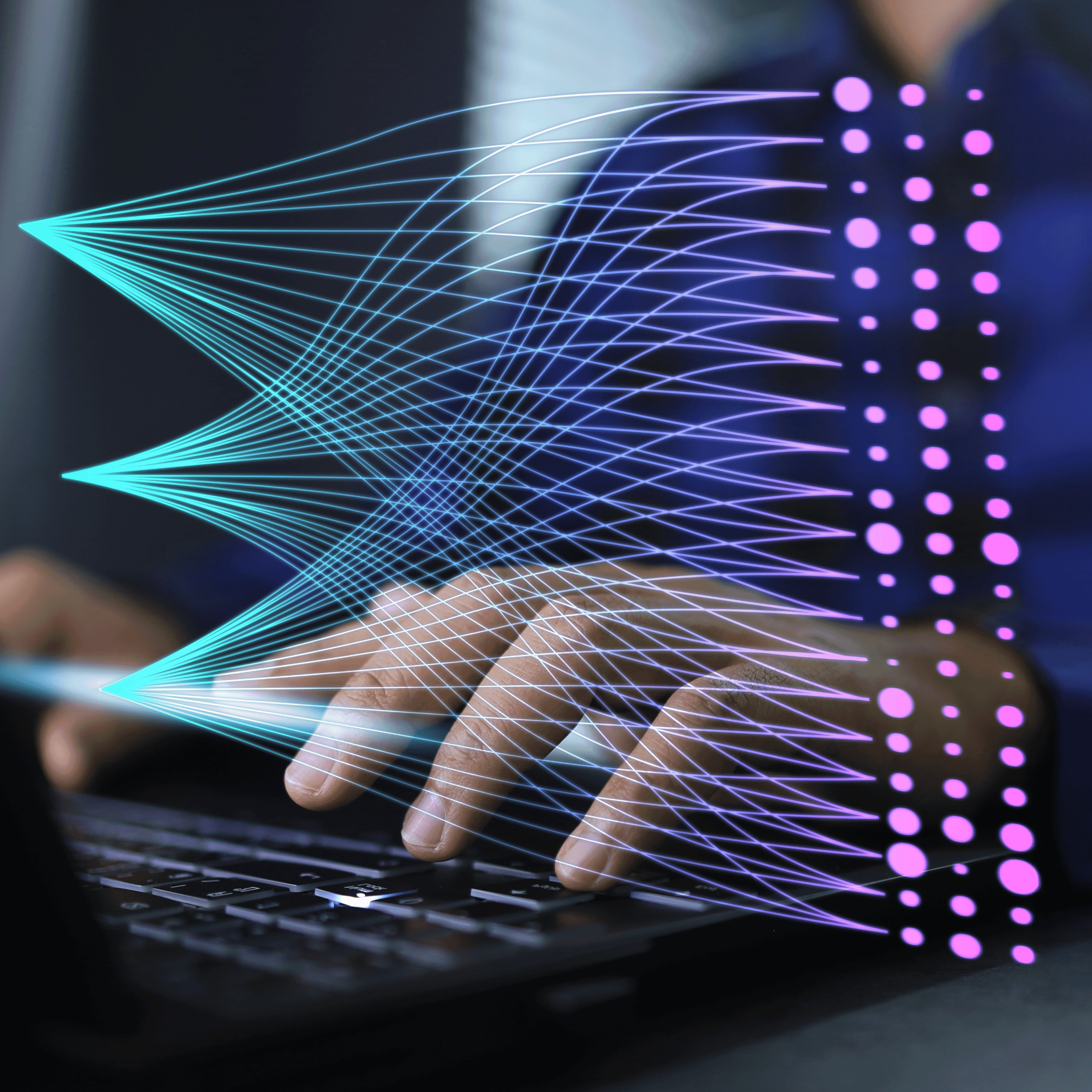 Close-up of hands typing on a laptop with a digital overlay of flowing data streams and binary code, representing connected systems, AI processing, and structured information flow.
