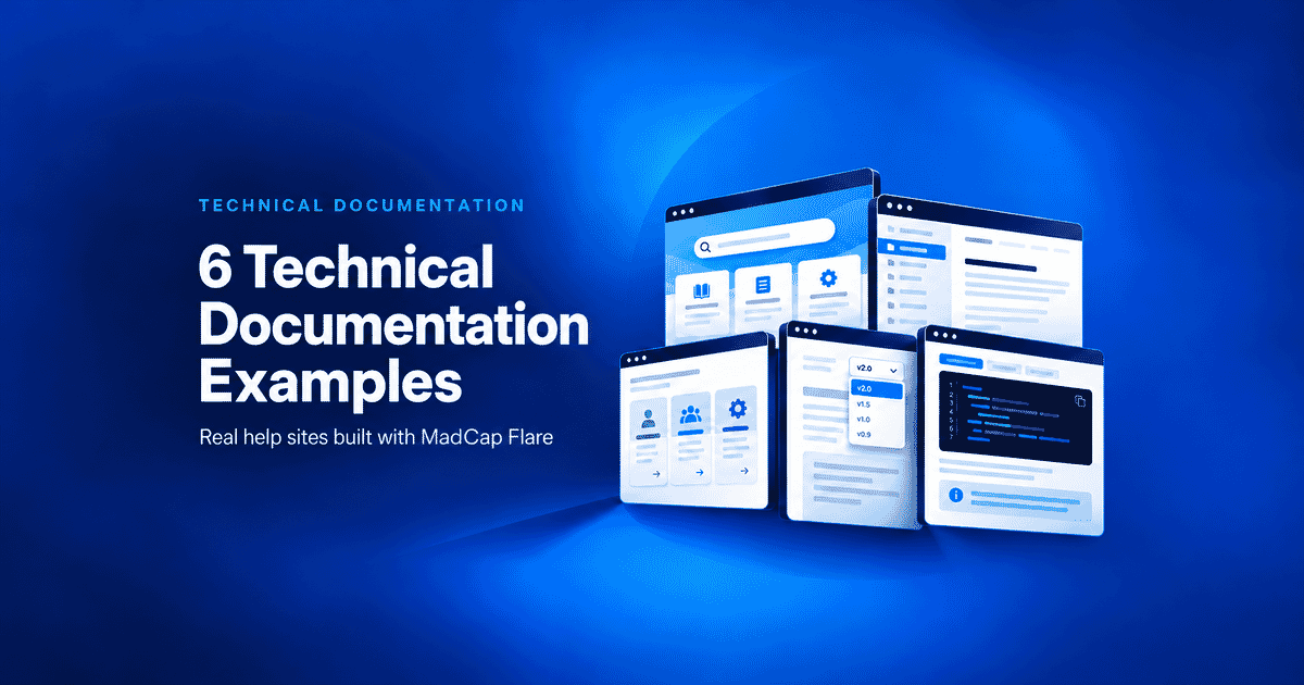 Illustration of six technical documentation site examples built with MadCap Flare