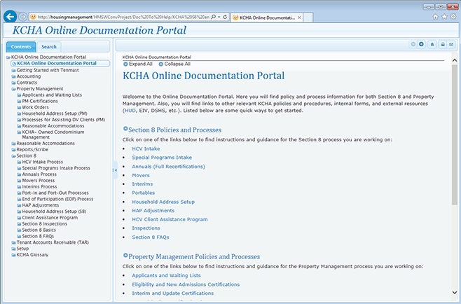 Screenshot of KHCA documentation Table of Contents