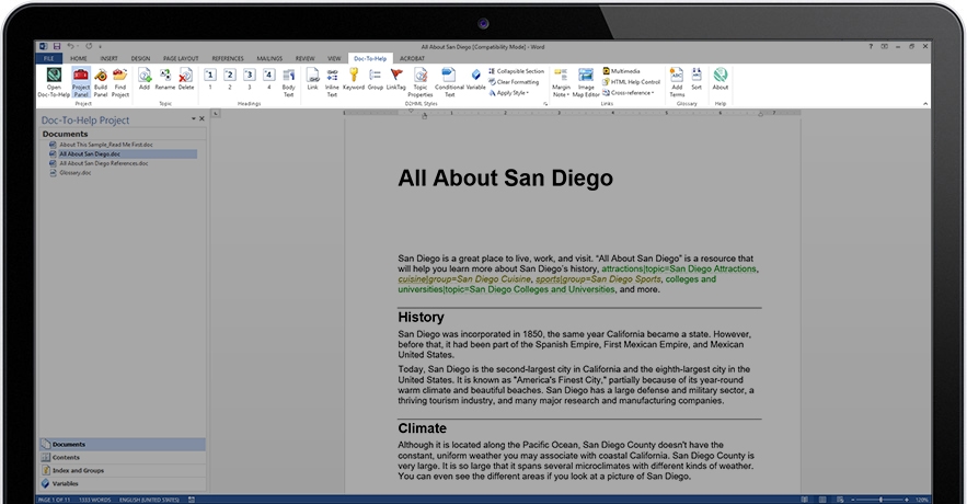 Screenshot of authoring in Word using Doc-To-Help