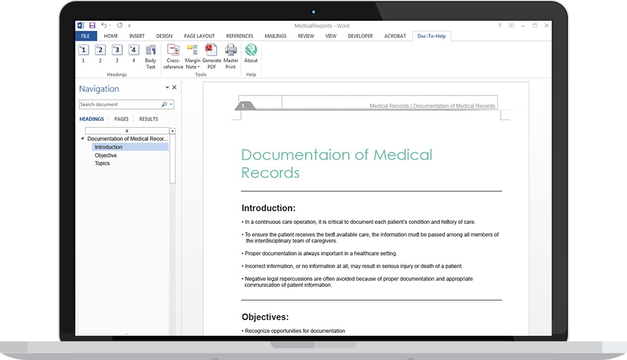 Laptop with screen showing Doc-To-Help Documentation of Medical Records
