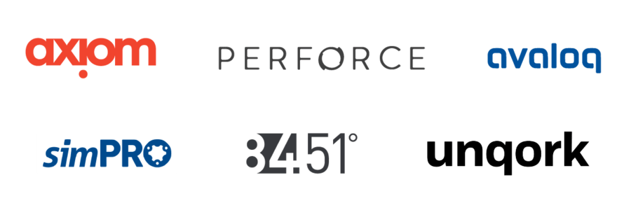 Axiom, Perforce, Unqork, 84.51, simPRO, Avaloq Logos