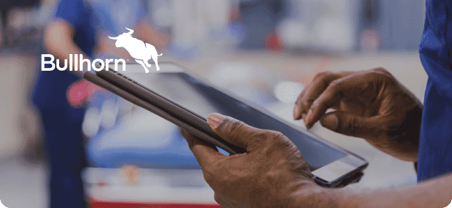 person holding tablet and Bullhorn logo