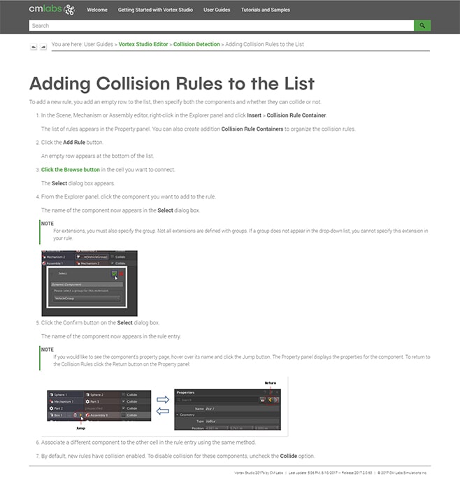 Collision Rules topic in CM Labs online help